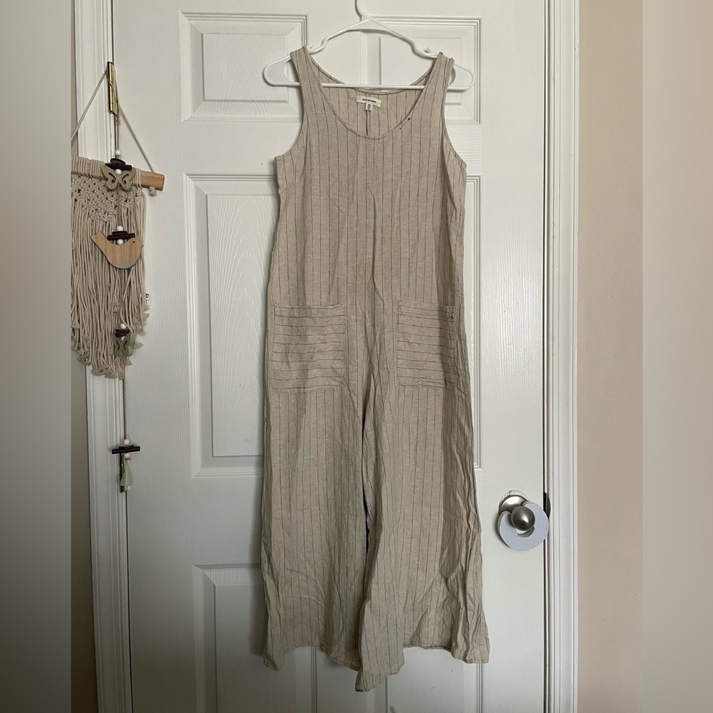 Max Studio Beige Striped Jumpsuit Cotton/Linen/Rayon Blend Women’s size XS
